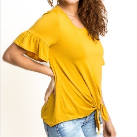 UO CAUTION TO THE WIND Mustard Flutter Sleeve Top - Picture 1 of 5